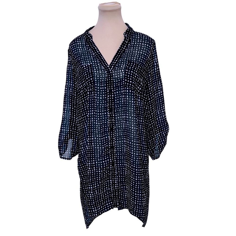 ALYX Women Blouse L Black White Geometric Sheer Tab Sleeve Tunic Casual Office